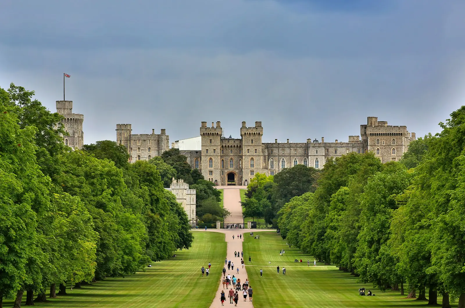 Windsor Castle and the Round Tower seen from the Long Walk at golden hour