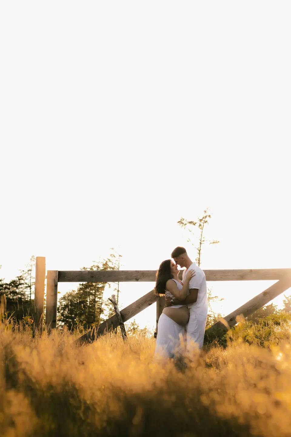 A pregnant woman in a flowing dress standing in a meadow at sunset